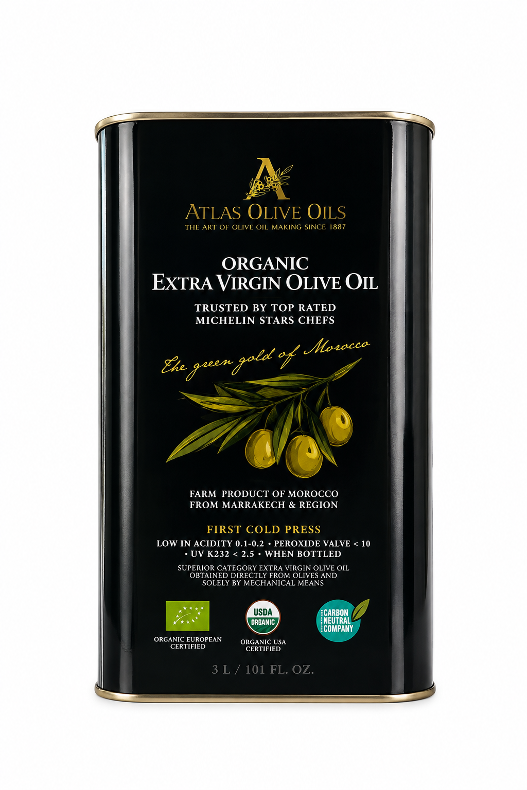 Atlas Organic Extra Virgin Olive Oil – 3 Liter Tin