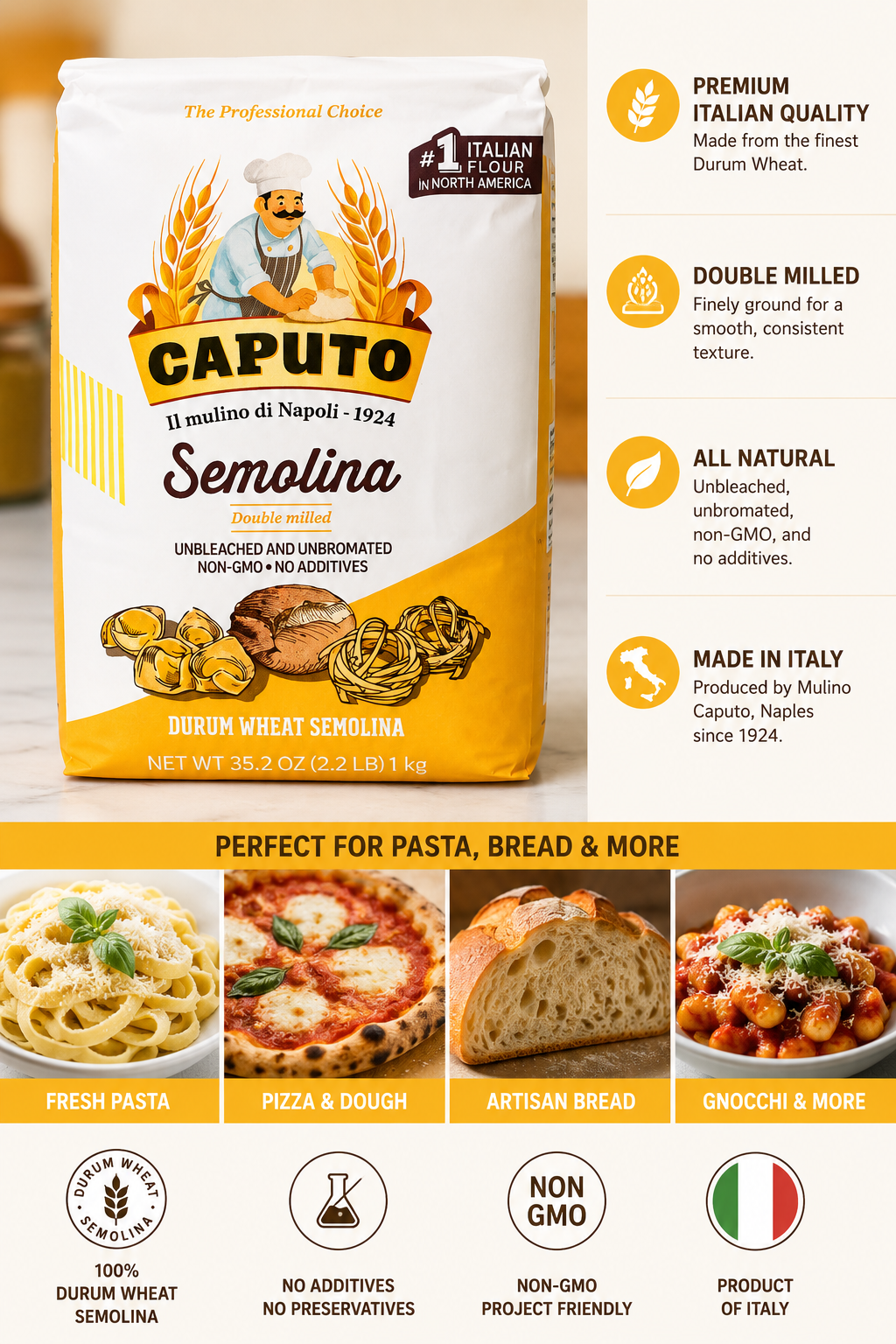Caputo Double Milled Semolina Durum Wheat Flour – 2.2 lb (1 kg)