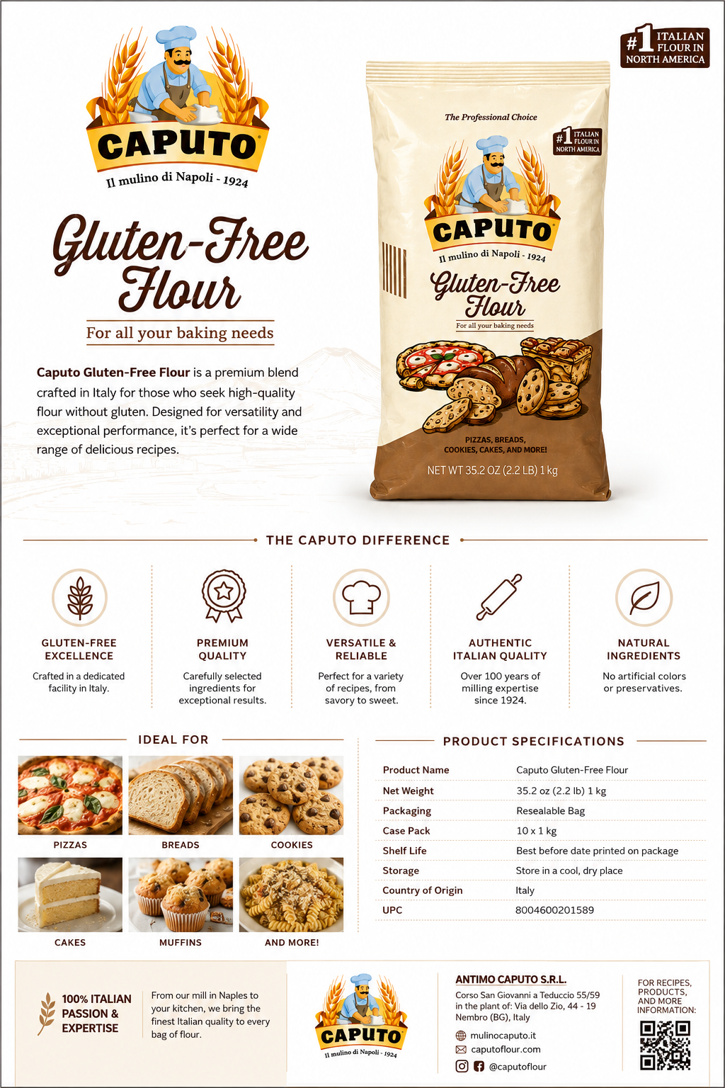 Caputo Gluten-Free Flour – 2.2 lb (1 kg) Bag
