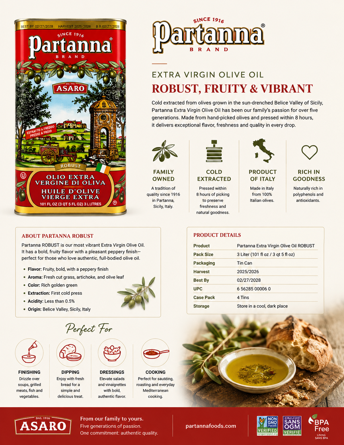 Partanna Extra Virgin Olive Oil – 4 Pack (3 Liter Tins)