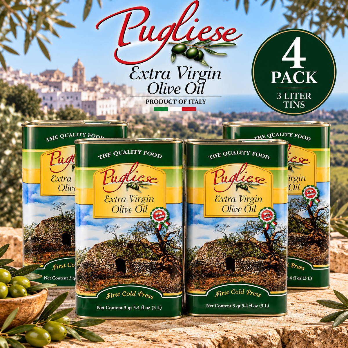 Pugliese Extra Virgin Olive Oil – 4 Pack (3 Liter Tins)