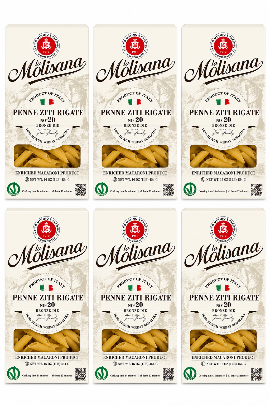 La Molisana Penne Ziti Rigate No. 20 – Bronze Die Pasta, 1 lb (6 Pack)